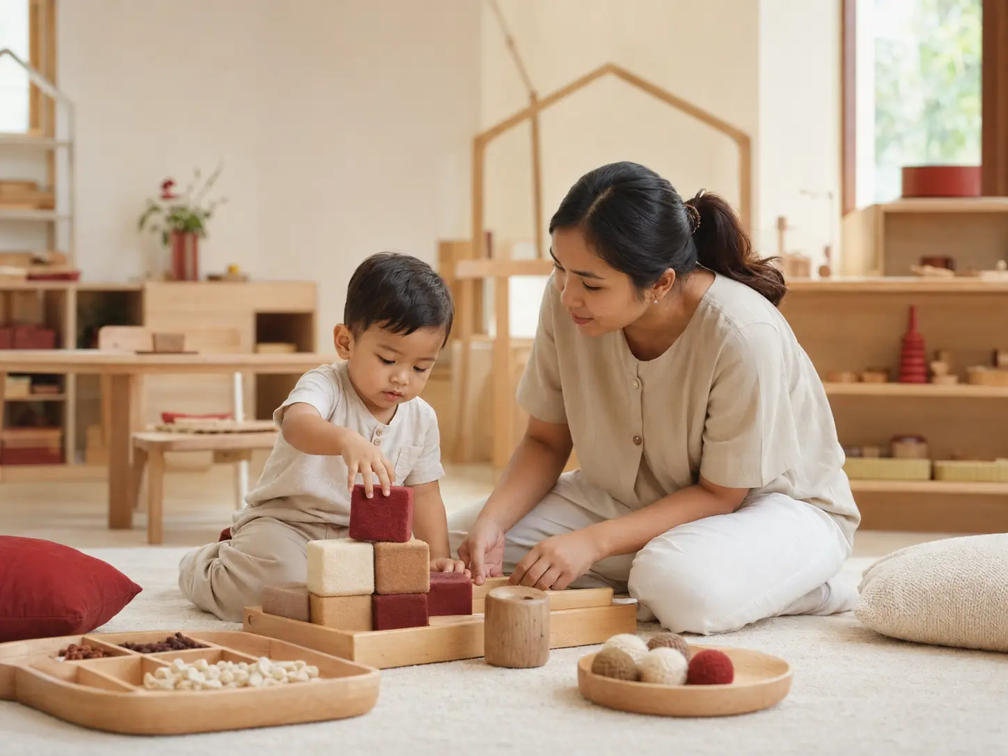 A young child learning through guided sensory play with an educator