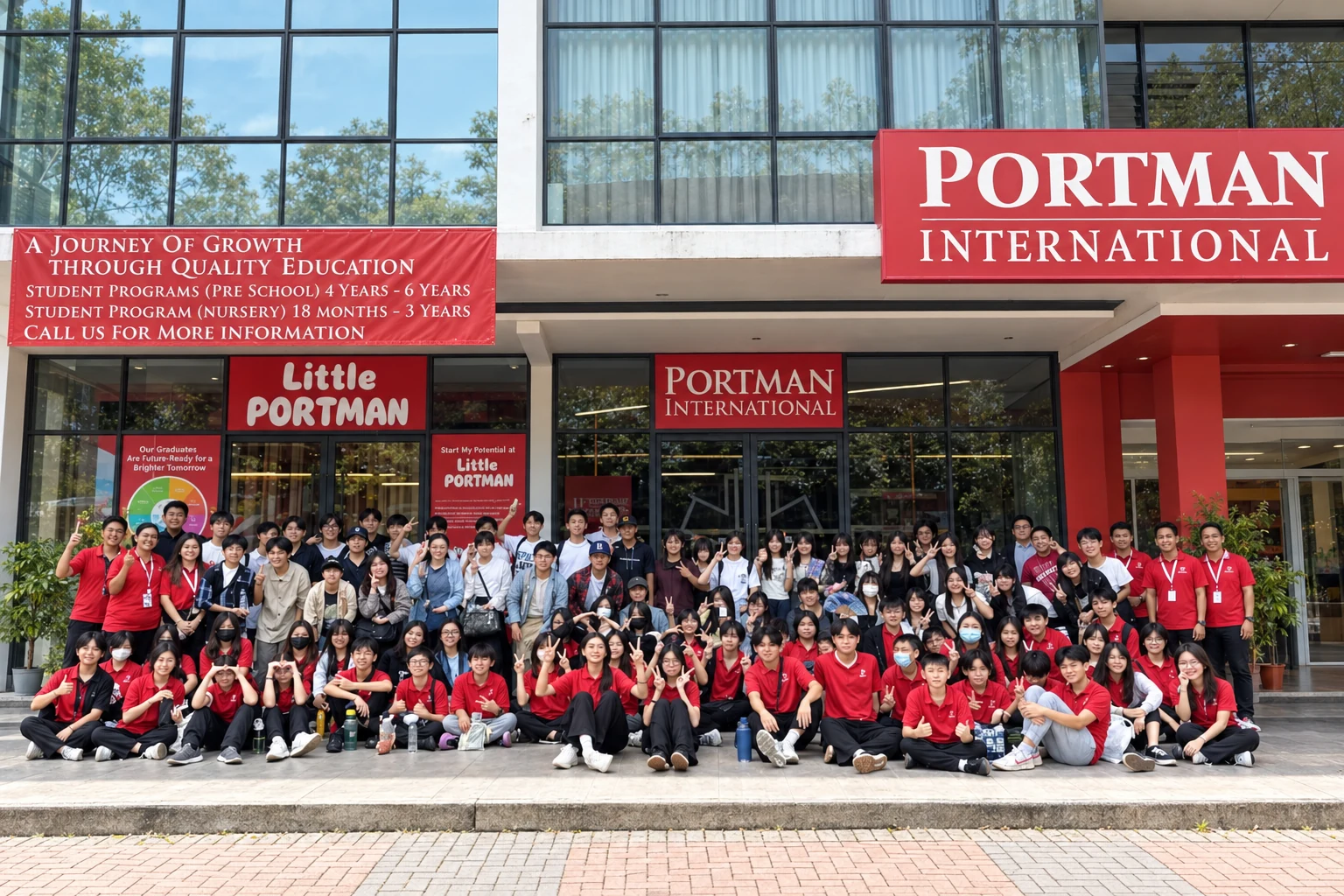 AI-edited illustration of the PORTMAN International School building and school community