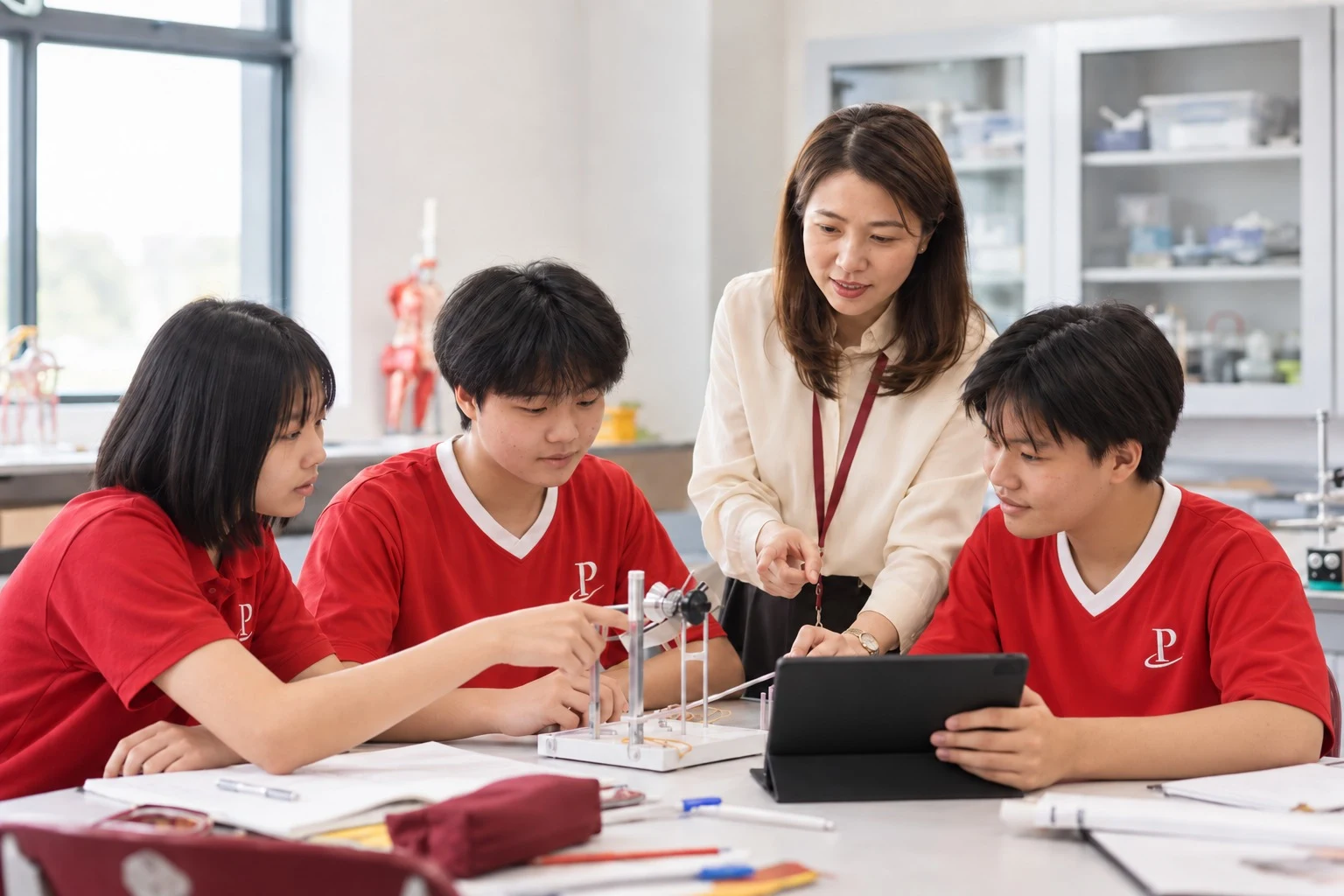 Students exploring a science activity with a teacher