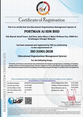 ISO 21001:2018 certificate issued to PORTMAN AI Sdn Bhd